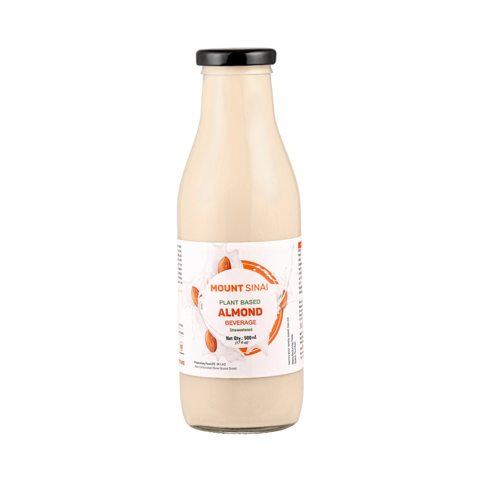 Mount Sinai plant-based almond milk bottle front view, unsweetened, 500ml