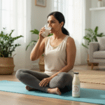 Person sitting on a yoga mat, drinking almond milk, with Mount Sinai almond milk bottle beside them.